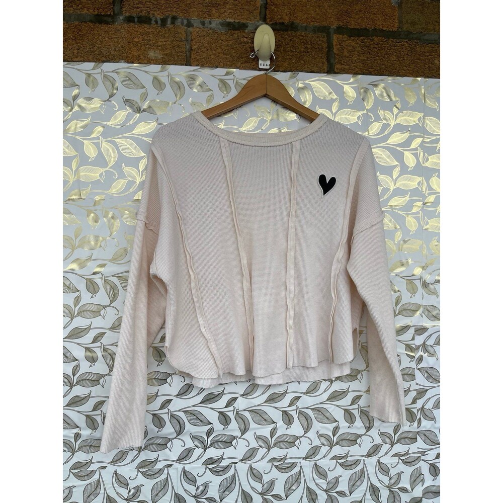 The Greii Waffle Knit Soft Girl Heart Patch Sweater - Cream Medium
